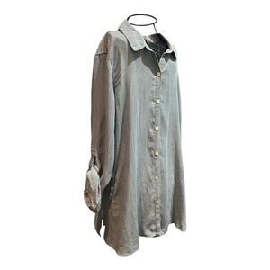 NWT Multiples Tunic Top Womens XL Blue White Pinstripe Button Front Roll Tab